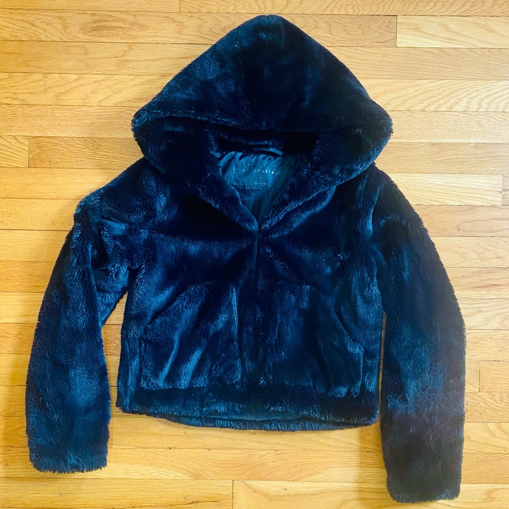 Aeropostale Faux Fur Jacket Black Women’s Sz M Pockets Hood